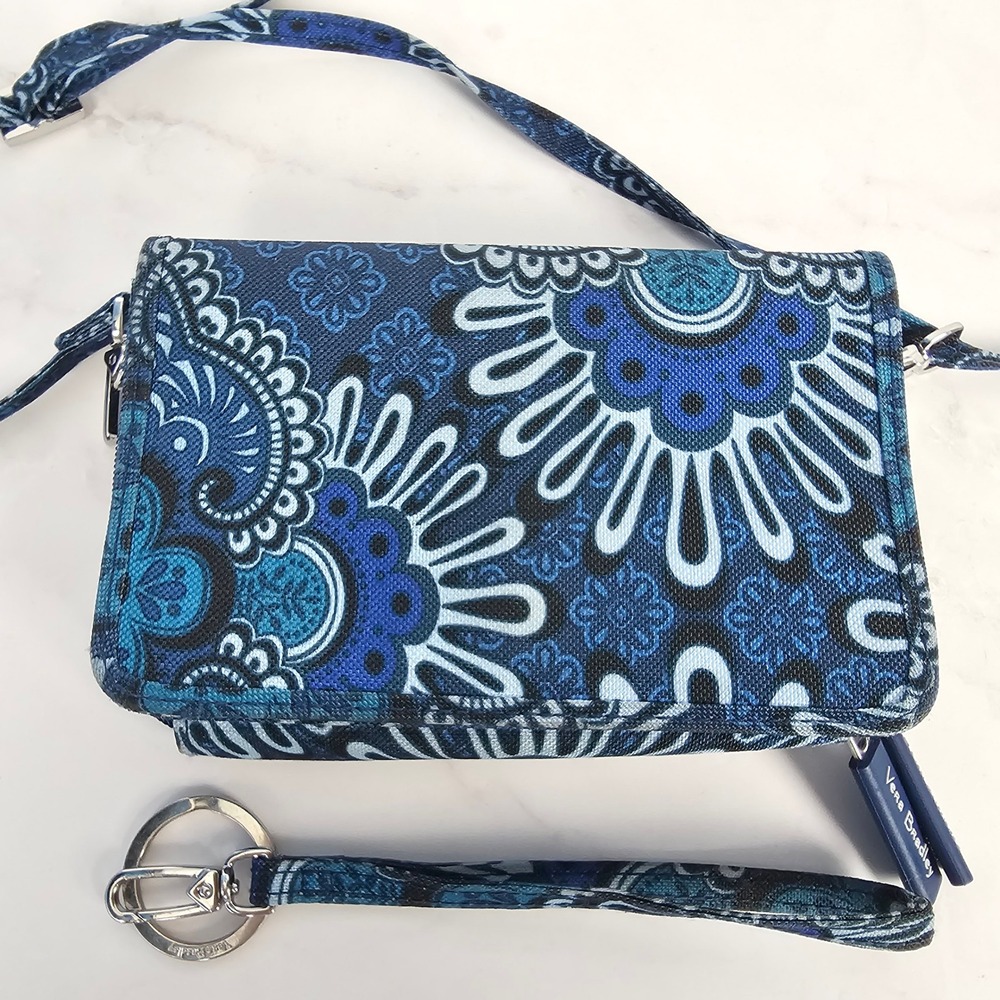 Vera Bradley Blue Tapestry RFID All In One Crossbody Wallet Wristlet Key Ring
